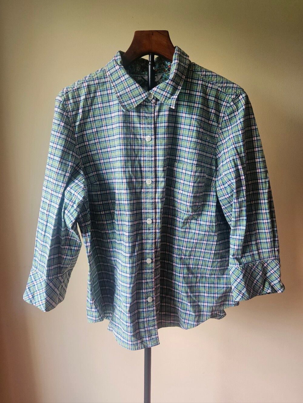Talbots Green and White Plaid Button-Up Shirt with Floral Lining Size XL